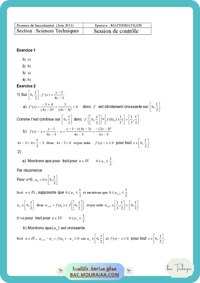 Corrigé controle math Bac 2011 – Section technique
